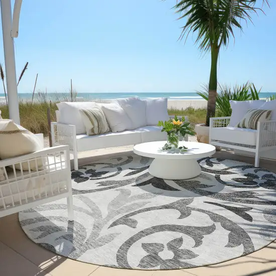 8' Gray Charcoal And Silver Round Floral Washable Indoor Outdoor Area Rug Photo 6