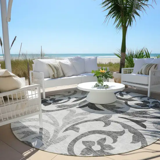 8' Gray Charcoal And Silver Round Floral Washable Indoor Outdoor Area Rug Photo 6