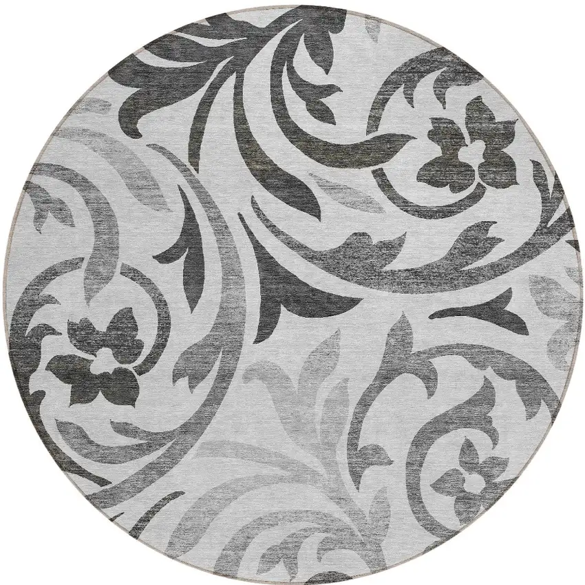 8' Gray Charcoal And Silver Round Floral Washable Indoor Outdoor Area Rug Photo 5