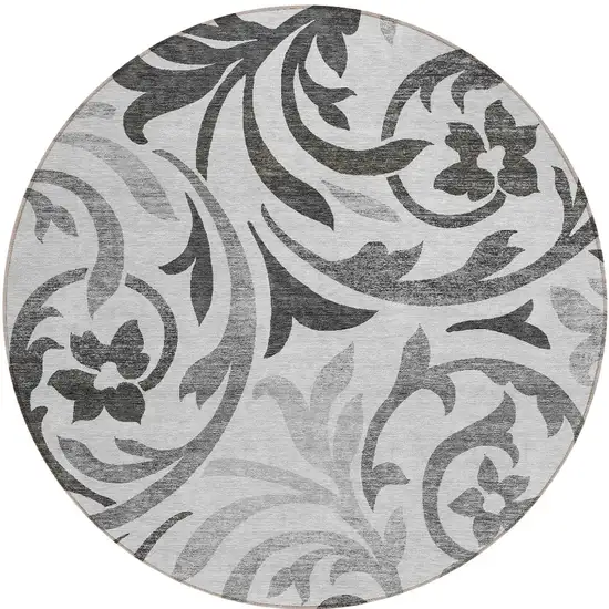 8' Gray Charcoal And Silver Round Floral Washable Indoor Outdoor Area Rug Photo 5
