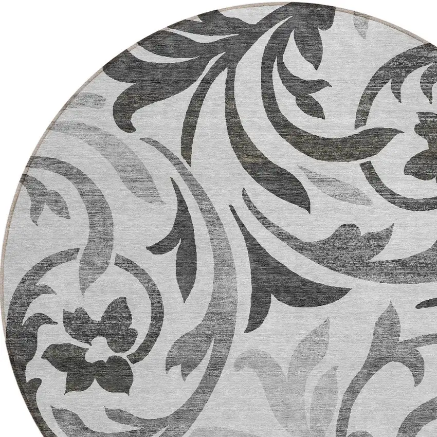 8' Gray Charcoal And Silver Round Floral Washable Indoor Outdoor Area Rug Photo 4