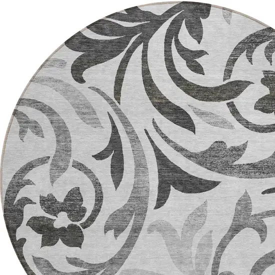 8' Gray Charcoal And Silver Round Floral Washable Indoor Outdoor Area Rug Photo 4