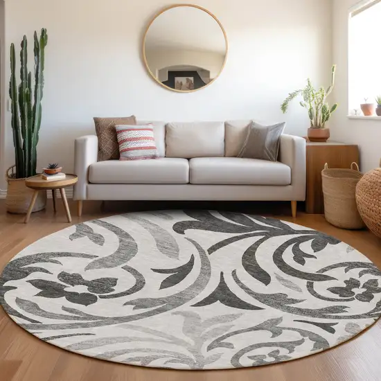 8' Gray Charcoal And Silver Round Floral Washable Indoor Outdoor Area Rug Photo 7