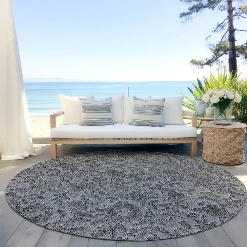 8' Gray Charcoal And Silver Round Floral Washable Indoor Outdoor Area Rug Photo 6