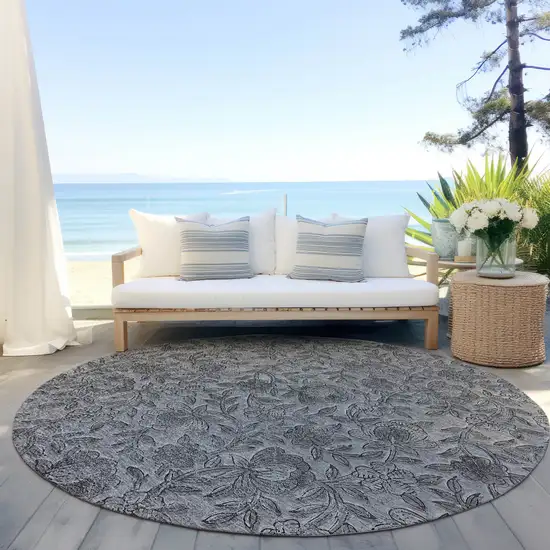 8' Gray Charcoal And Silver Round Floral Washable Indoor Outdoor Area Rug Photo 6