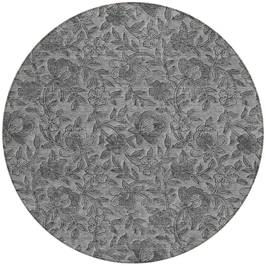 8' Gray Charcoal And Silver Round Floral Washable Indoor Outdoor Area Rug Photo 4