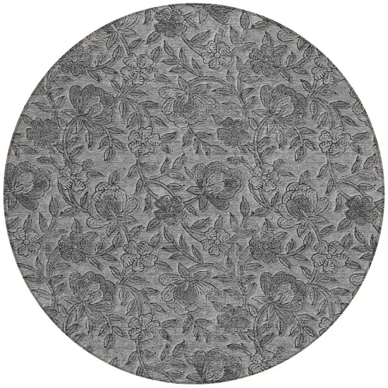 8' Gray Charcoal And Silver Round Floral Washable Indoor Outdoor Area Rug Photo 4