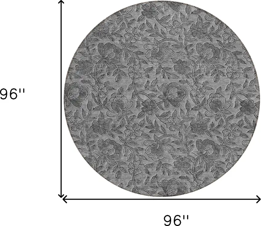 8' Gray Charcoal And Silver Round Floral Washable Indoor Outdoor Area Rug Photo 8