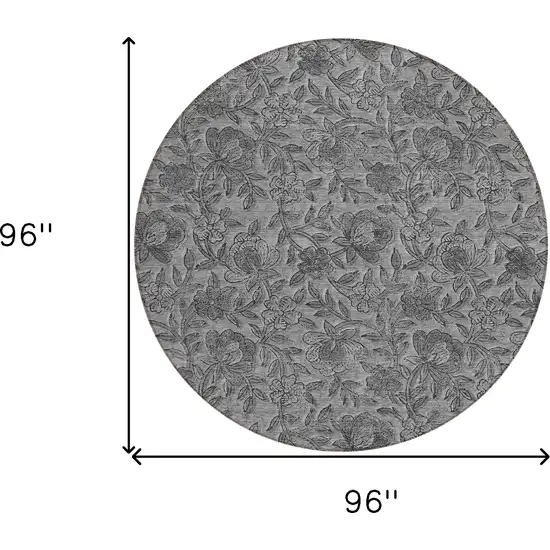 8' Gray Charcoal And Silver Round Floral Washable Indoor Outdoor Area Rug Photo 8