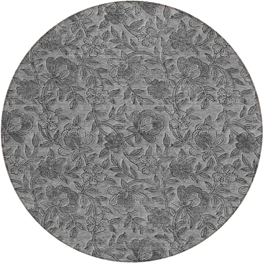 8' Gray Charcoal And Silver Round Floral Washable Indoor Outdoor Area Rug Photo 2
