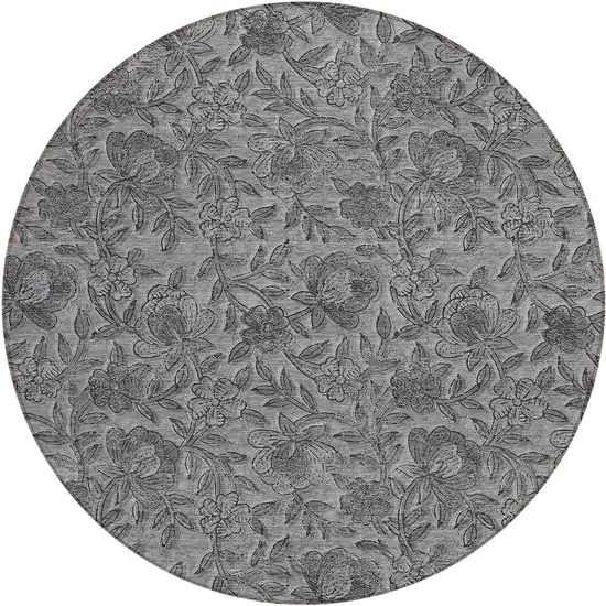 8' Gray Charcoal And Silver Round Floral Washable Indoor Outdoor Area Rug Photo 2