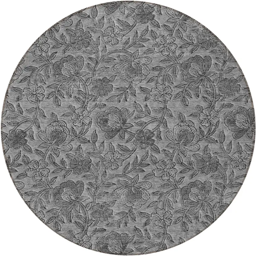 8' Gray Charcoal And Silver Round Floral Washable Indoor Outdoor Area Rug Photo 5