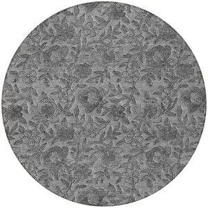 Photo of 8' Gray Charcoal And Silver Round Floral Washable Indoor Outdoor Area Rug