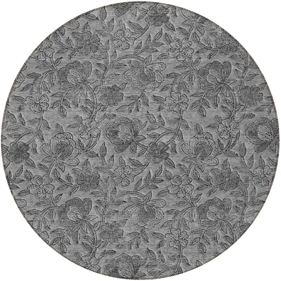 8' Gray Charcoal And Silver Round Floral Washable Indoor Outdoor Area Rug Photo 5