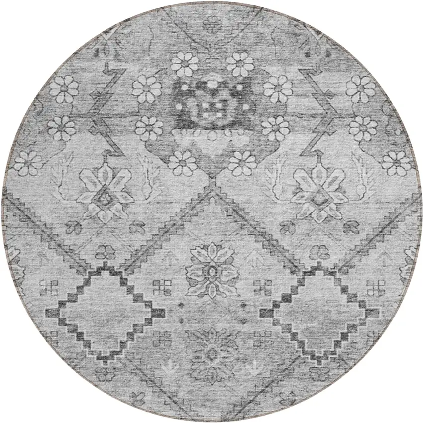 8' Gray Charcoal And Silver Round Floral Washable Indoor Outdoor Area Rug Photo 2