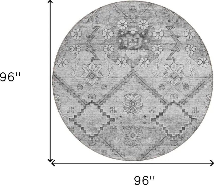 8' Gray Charcoal And Silver Round Floral Washable Indoor Outdoor Area Rug Photo 3