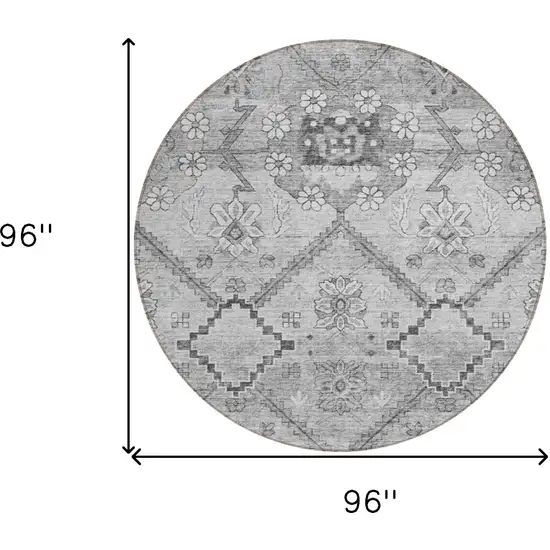8' Gray Charcoal And Silver Round Floral Washable Indoor Outdoor Area Rug Photo 3