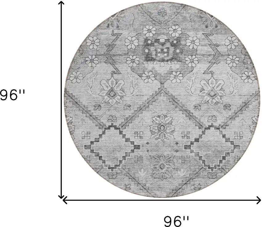 8' Gray Charcoal And Silver Round Floral Washable Indoor Outdoor Area Rug Photo 3