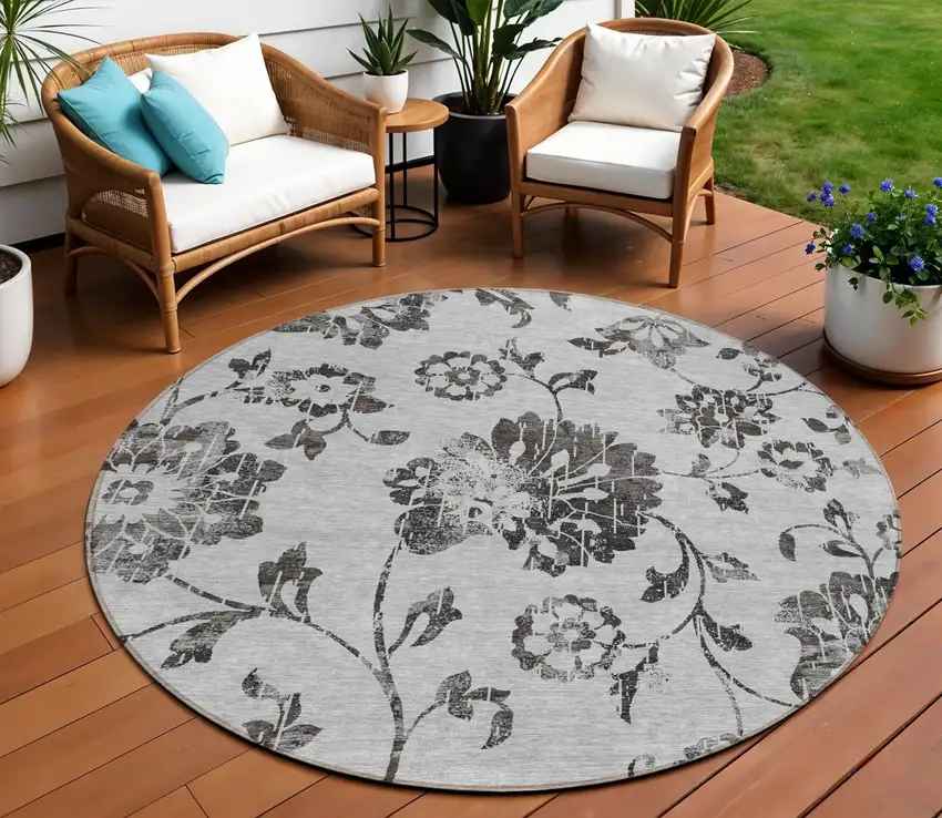 8' Gray Charcoal And Silver Round Floral Washable Indoor Outdoor Area Rug Photo 1