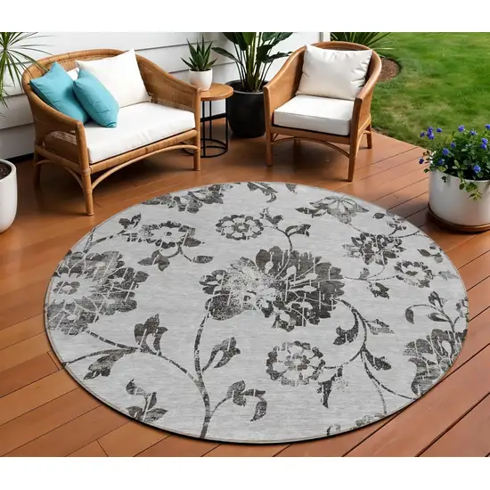 8' Gray Charcoal And Silver Round Floral Washable Indoor Outdoor Area Rug Photo 1
