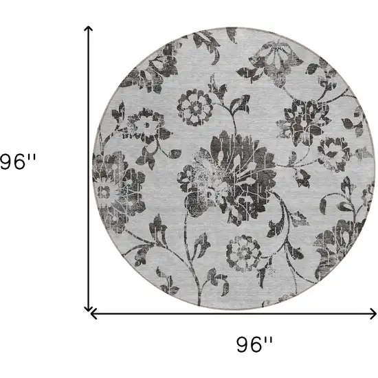8' Gray Charcoal And Silver Round Floral Washable Indoor Outdoor Area Rug Photo 3