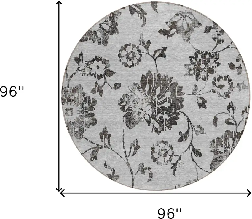 8' Gray Charcoal And Silver Round Floral Washable Indoor Outdoor Area Rug Photo 3
