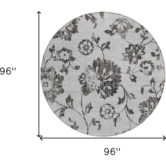 8' Gray Charcoal And Silver Round Floral Washable Indoor Outdoor Area Rug Photo 3