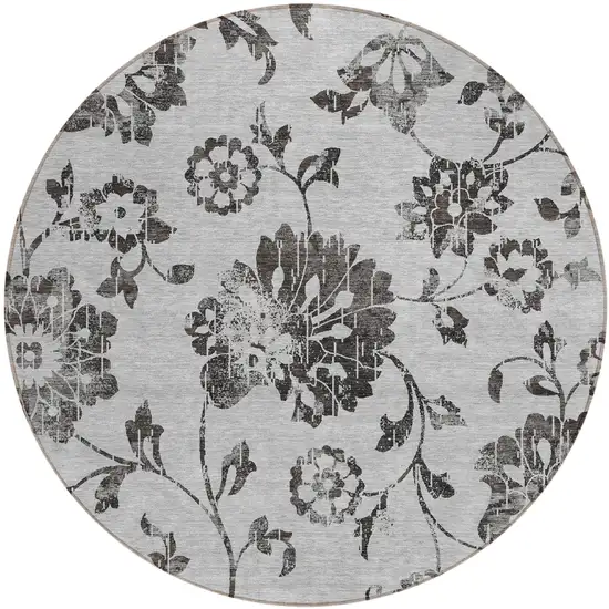 8' Gray Charcoal And Silver Round Floral Washable Indoor Outdoor Area Rug Photo 2