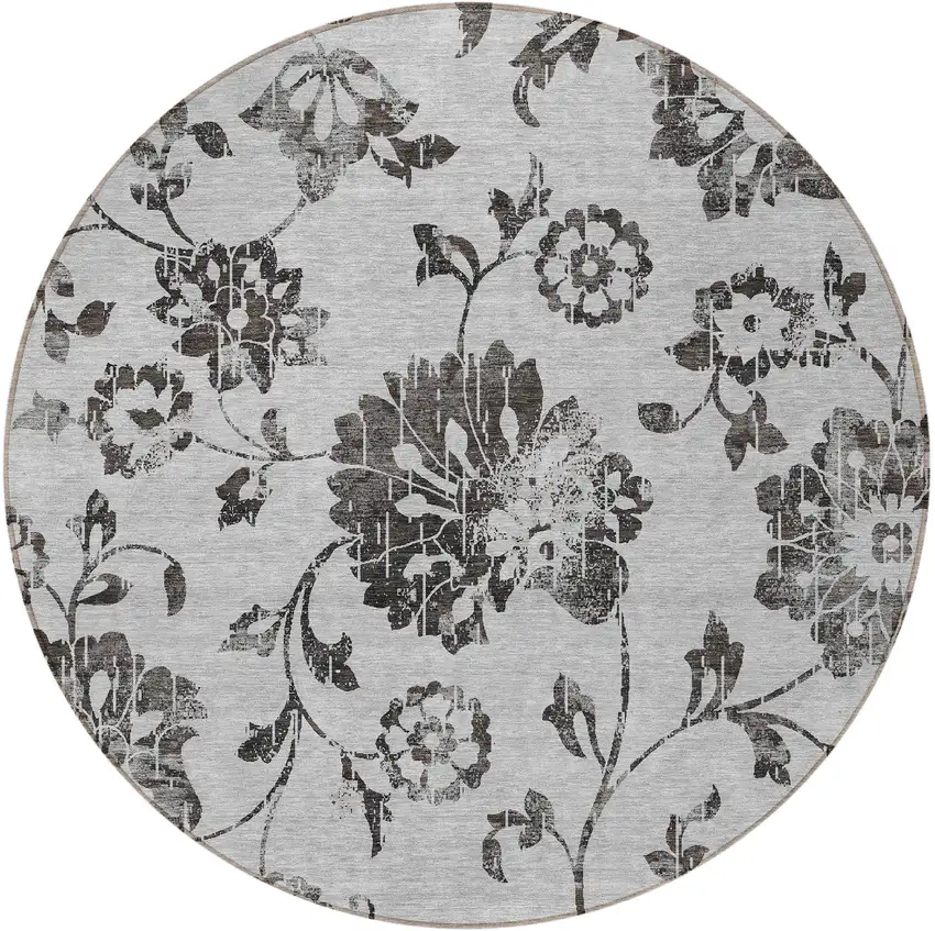 8' Gray Charcoal And Silver Round Floral Washable Indoor Outdoor Area Rug Photo 5
