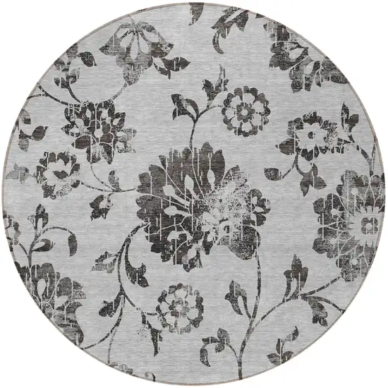 8' Gray Charcoal And Silver Round Floral Washable Indoor Outdoor Area Rug Photo 5
