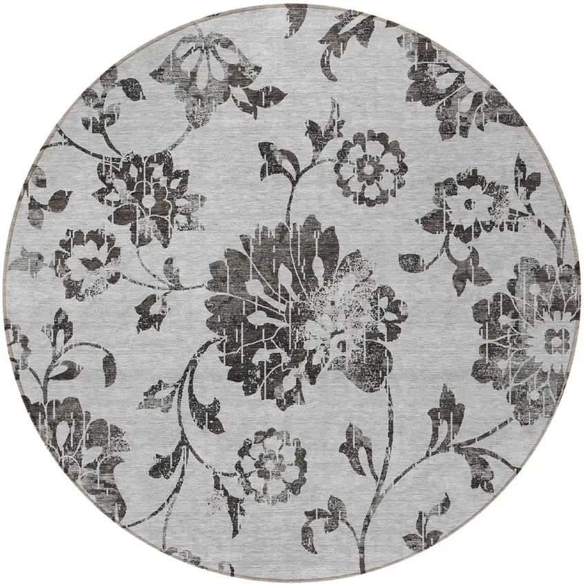 8' Gray Charcoal And Silver Round Floral Washable Indoor Outdoor Area Rug Photo 5