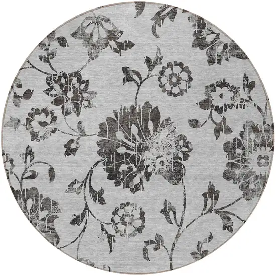 8' Gray Charcoal And Silver Round Floral Washable Indoor Outdoor Area Rug Photo 5