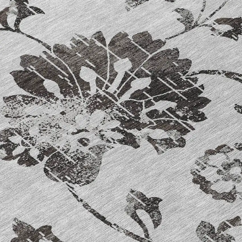 8' Gray Charcoal And Silver Round Floral Washable Indoor Outdoor Area Rug Photo 8