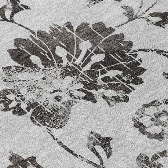 8' Gray Charcoal And Silver Round Floral Washable Indoor Outdoor Area Rug Photo 8
