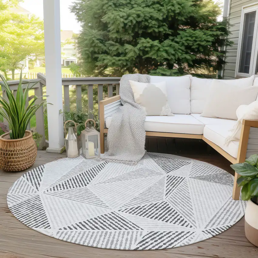 8' Gray Charcoal And Silver Round Geometric Washable Indoor Outdoor Area Rug Photo 6