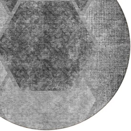 8' Gray Charcoal And Silver Round Geometric Washable Indoor Outdoor Area Rug Photo 4