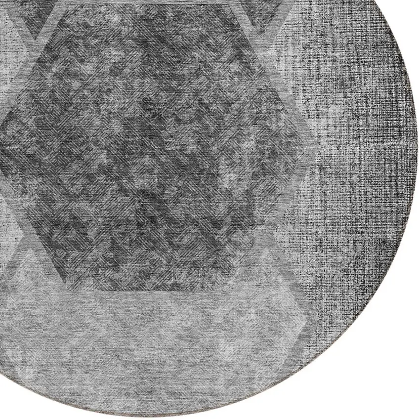8' Gray Charcoal And Silver Round Geometric Washable Indoor Outdoor Area Rug Photo 4