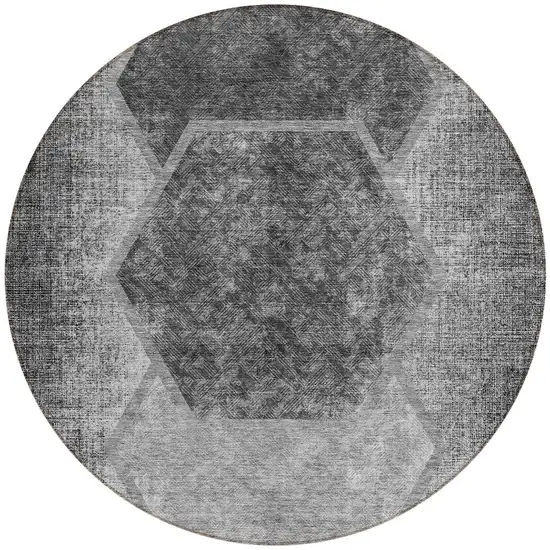 8' Gray Charcoal And Silver Round Geometric Washable Indoor Outdoor Area Rug Photo 5