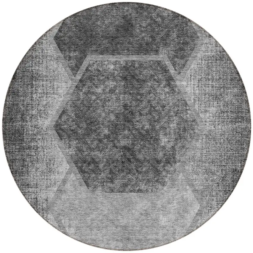 8' Gray Charcoal And Silver Round Geometric Washable Indoor Outdoor Area Rug Photo 5