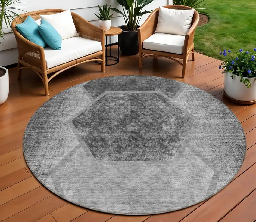 8' Gray Charcoal And Silver Round Geometric Washable Indoor Outdoor Area Rug Photo 1