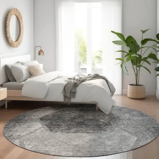 8' Gray Charcoal And Silver Round Geometric Washable Indoor Outdoor Area Rug Photo 7