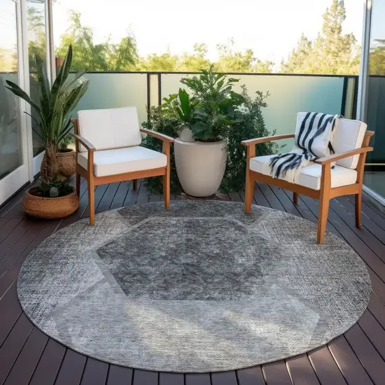 8' Gray Charcoal And Silver Round Geometric Washable Indoor Outdoor Area Rug Photo 6