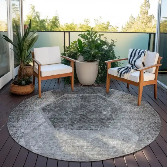 8' Gray Charcoal And Silver Round Geometric Washable Indoor Outdoor Area Rug Photo 6