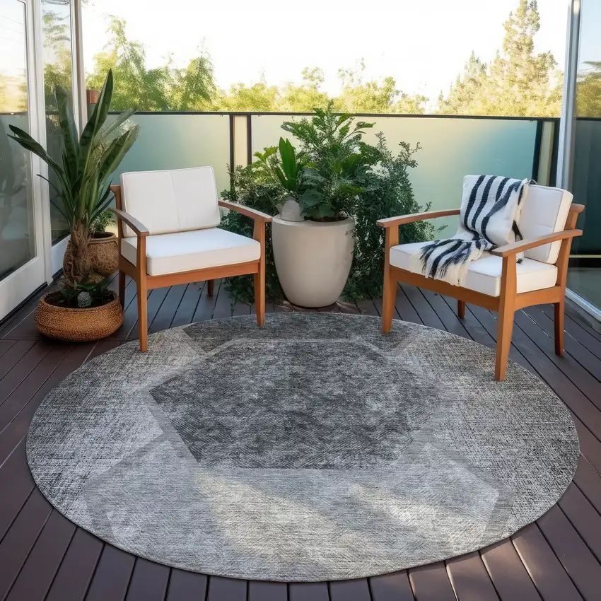 8' Gray Charcoal And Silver Round Geometric Washable Indoor Outdoor Area Rug Photo 6