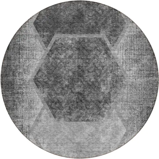 8' Gray Charcoal And Silver Round Geometric Washable Indoor Outdoor Area Rug Photo 2