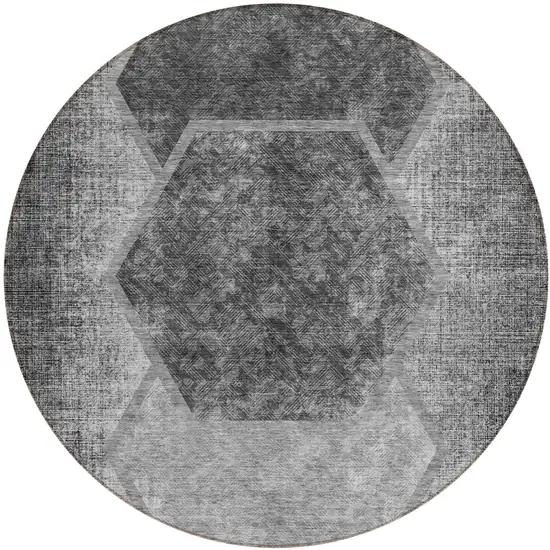 8' Gray Charcoal And Silver Round Geometric Washable Indoor Outdoor Area Rug Photo 2