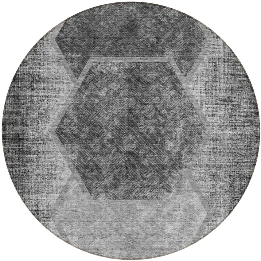 8' Gray Charcoal And Silver Round Geometric Washable Indoor Outdoor Area Rug Photo 2
