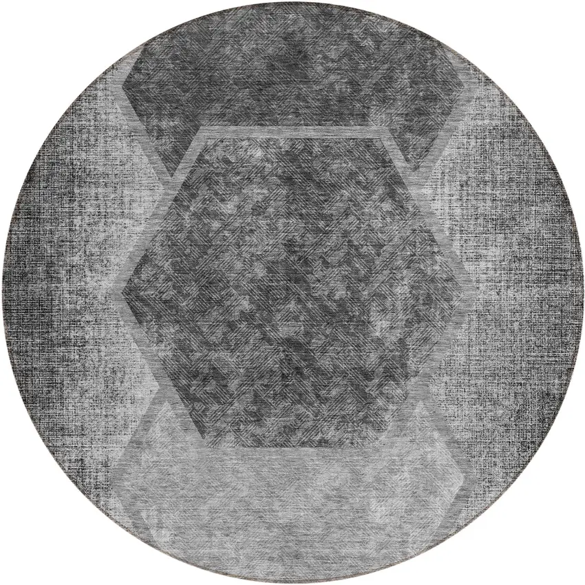 8' Gray Charcoal And Silver Round Geometric Washable Indoor Outdoor Area Rug Photo 2