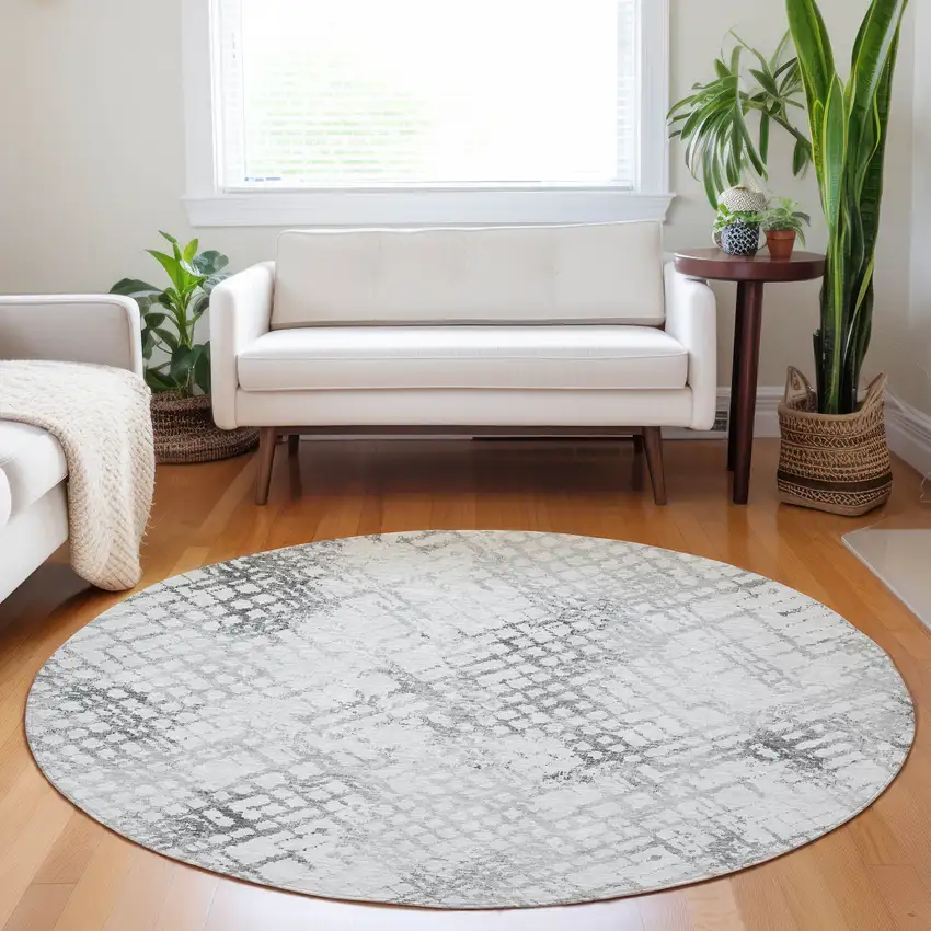 8' Gray Charcoal And Silver Round Geometric Washable Indoor Outdoor Area Rug Photo 7