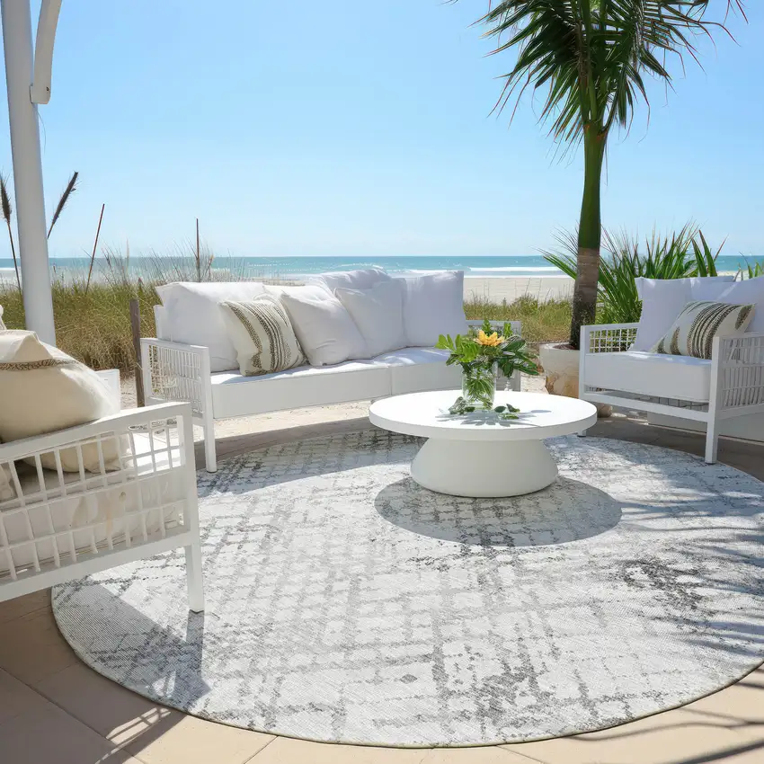 8' Gray Charcoal And Silver Round Geometric Washable Indoor Outdoor Area Rug Photo 6